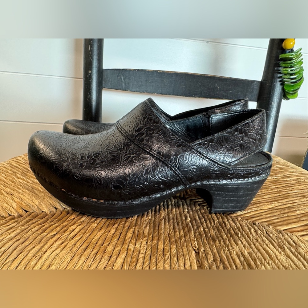 Dansko, Black Leather Slip-On Mules with Distressed Finish